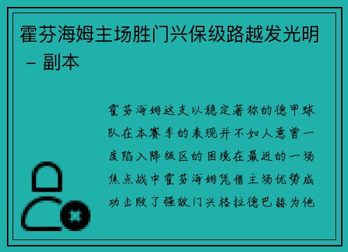 霍芬海姆主场胜门兴保级路越发光明 - 副本
