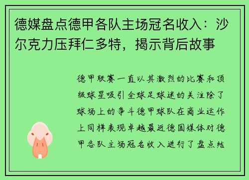 德媒盘点德甲各队主场冠名收入：沙尔克力压拜仁多特，揭示背后故事