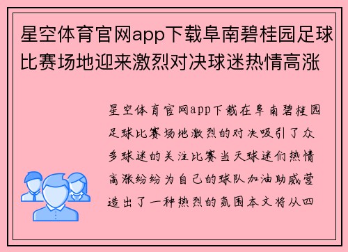 星空体育官网app下载阜南碧桂园足球比赛场地迎来激烈对决球迷热情高涨助威球队奋勇争先